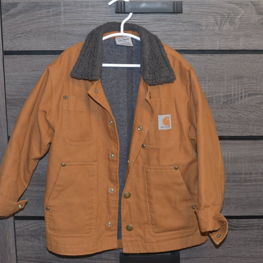 Carhartt Work Jacket Size XXS (4-5) Fleece Lined Extra Pockets Button Closure